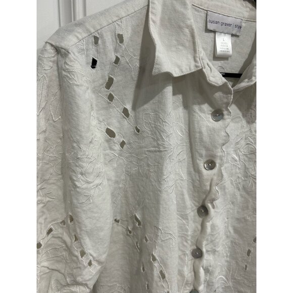 Susan Graver Embroidered Button Up Shirt Sz Large Laser Cutout Linen Bohemian - Picture 4 of 9